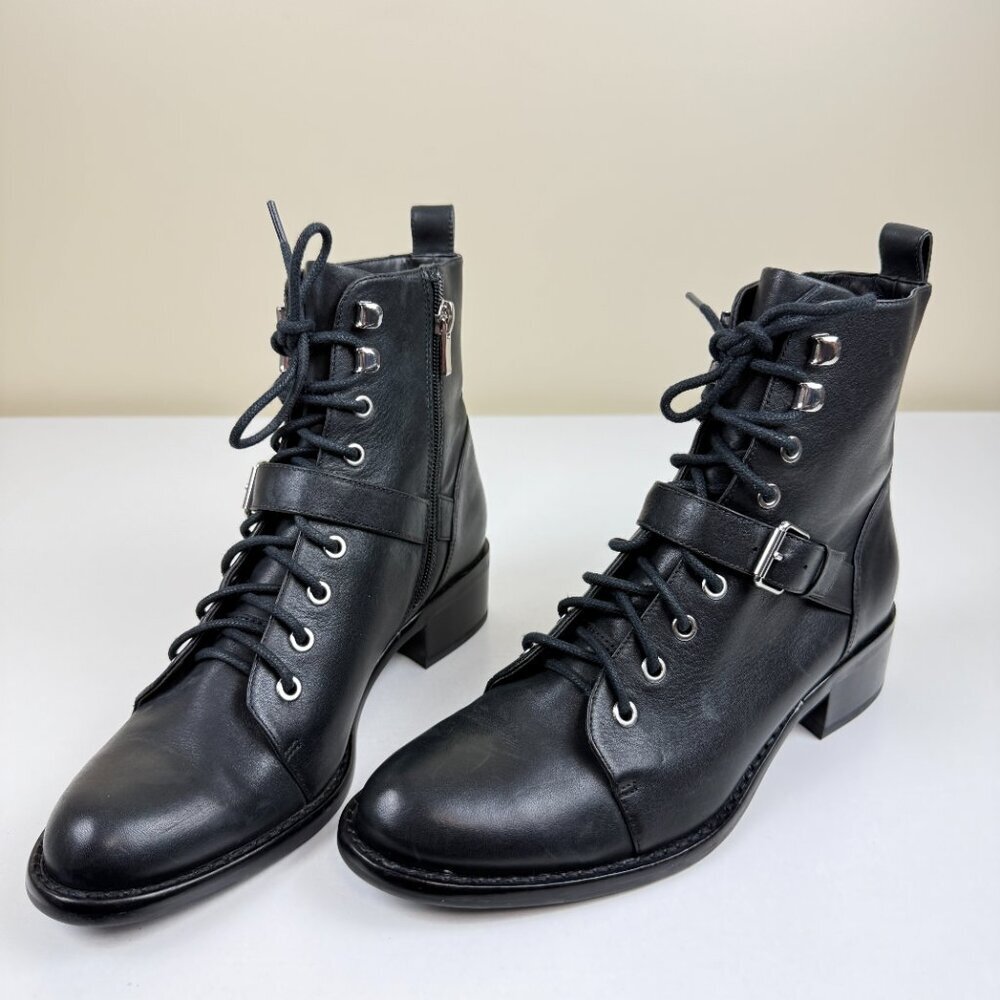 Via Spiga Black Leather Lace Up Combat Ankle Boots